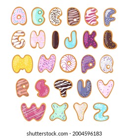 Set. Sweet alphabet Donut-shaped letters Stub for the font Bakery products Confectionery with decorative topping Dessert. Letters for composing words. Vector stock illustration. White background Abc