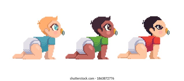 Set of sweet babies with different skin ton. Vector pixel art style illustration