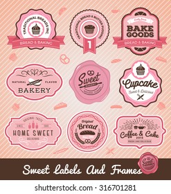 Set of sweet bakery and bread labels design for sweets shop, cake, restaurant, bake shop. Vector illustration. All types used free commercial font.