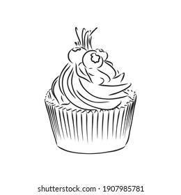 Set of sweet bakery decorated cupcakes hand drawn in vintage engraved style. Vector illustration. Isolated on white background. cupcake cake vector sketch illustration