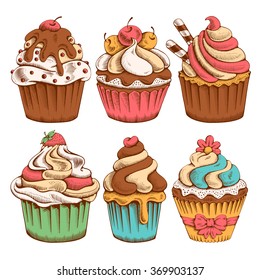 Set of sweet bakery decorated cupcakes hand drawn in vintage engraved style. Vector illustration. Isolated on white background.