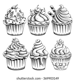 Set of sweet bakery decorated cupcakes hand drawn in vintage engraved style. Vector illustration. Isolated on white background.