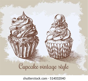 Set of sweet bakery decorated cupcakes hand drawn in vintage engraved style. Vector illustration on beige aged background