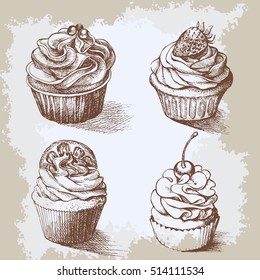 Set of sweet bakery decorated cupcakes hand drawn in vintage engraved style. Vector illustration on beige aged background