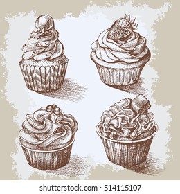 Set of sweet bakery decorated cupcakes hand drawn in vintage engraved style. Vector illustration on beige aged background.