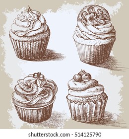 Set of sweet bakery decorated cupcakes hand drawn in vintage engraved style. Vector illustration on beige aged background