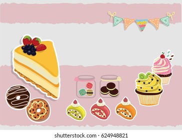 Set of sweet bakery decorated cupcakes and cake