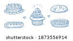 Set of sweet bakery goods: cream layer cake, cherry tarte, cup cake, nut cookie and apple pie. Hand drawn doodle vector illustration.