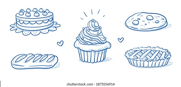Set of sweet bakery goods: cream layer cake, cherry tarte, cup cake, nut cookie and apple pie. Hand drawn doodle vector illustration. - Shutterstock ID 1873556914