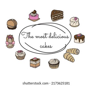 Set Of Sweet Bakery Goods: Cream Layer Cake, Cherry Tarte, Cup Cake, Nut Cookie. Hand Drawn Doodle Vector Illustration.