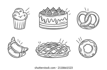 Conjunto de productos de panadería dulce. Pegatinas minimalistas con quequitos, tarta de manzana, torta dulce, donut y croissants. Deliciosos platos a mano. Colección vectorial plana de dibujos animados aislada en fondo blanco