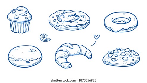 Set of sweet bakery goods as muffin, danish nut pastry, donut, filled donut, croissant and cookie. Hand drawn doodle vector illustration.