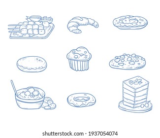 	
Conjunto de productos dulces de panadería como muffin, arroz, pastel, satay, pastelería de nuez danesa, donut, donut relleno, cruasán y galletas. Ilustración vectorial de doodle dibujado a mano.