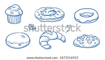 Set of sweet bakery goods as muffin, danish nut pastry, donut, filled donut, croissant and cookie. Hand drawn doodle vector illustration.