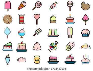 Set of sweet and bakery icons.such as ice cream,cake,smoothies,bread,Pizza.