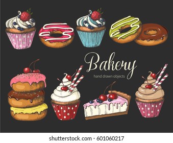 Set of sweet bakery on black. Hand drawn glazed donuts, cake and cupcakes. Desert for menu, advertising and banners. Sketch, lettering.