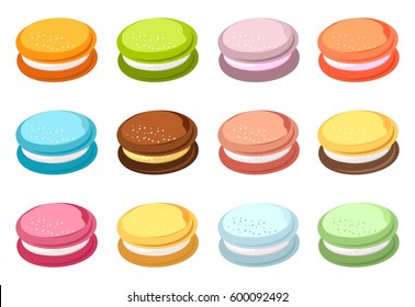 Set of sweet baking colorful colored macaroons isolated on white background