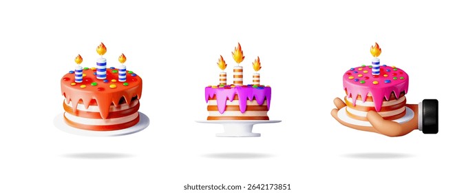 Set of sweet birthday cake, dessert with a lit candle, 3d render. Birthday, anniversary, celebration concept. For greeting card.