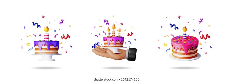 Set of sweet birthday cake, dessert with a lit candle, 3d render. Birthday, anniversary, celebration concept. For greeting card.