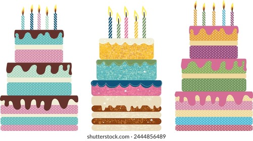 Set of sweet birthday cakes with lit candles. Colorful holiday dessert. Vector celebration background. Hand drawn textures. For congratulations, cards, decoration