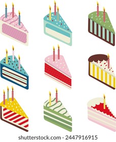 Set of sweet birthday cakes with lit candles. Colorful holiday dessert. Vector celebration background. Pieces of sliced ​​cake. For congratulations, cards, decoration