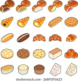 El conjunto de iconos de pan dulce aislados sobre fondo blanco