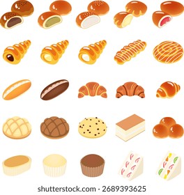 El conjunto de iconos de pan dulce aislados sobre fondo blanco