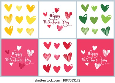 Set of sweet and bright greeting card in red and pink colors for Valentine's Day. Drawn hearts and beautiful lettering. Set of colorfull hand-drown hearts.