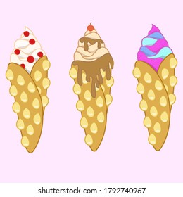 Set of sweet bubble waffles. Street food. Vector illustration