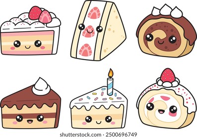 Set of sweet cake pieces with simple lines and no gradients in kawaii style. Each image on separate layer. Vector illustration.