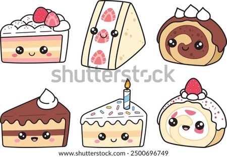 Set of sweet cake pieces with simple lines and no gradients in kawaii style. Each image on separate layer. Vector illustration.