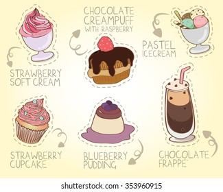 set of sweet cake pudding ice cream cream-puff soft-cream and frappe