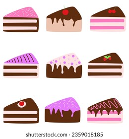 Set of sweet cake slice for dessert illustration.