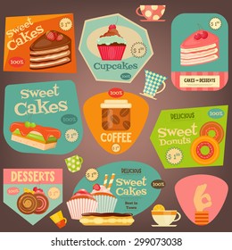 Set of Sweet Cakes and Cupcakes Stickers. Vector Illustration.