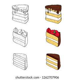 Set of sweet cakes with different toppings in two styles. Perfect for menu, card, textile, food packaging design.