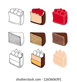 Set of sweet cakes with different toppings in three styles. Perfect for menu, card, textile, food packaging design.