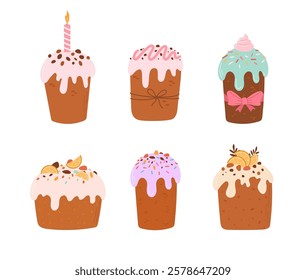 Set of sweet cakes with icing and candied fruits vector illustration. Fresh bakery