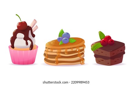 a set of sweet cakes and pancakes with decoration on an isolated background. vector illustration