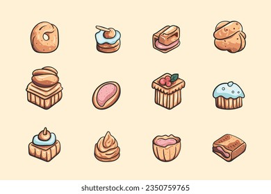 Set of sweet cakes, vector illustration. Dessert food symbol. Bakery design elements, logos, badges, labels, icons and objects.