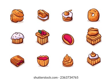 Set von süßen Kuchen, Vektorgrafik. Dessert Food Symbol. Bakery-Design-Elemente, Logos, Abzeichen, Etiketten, Symbole und Objekte.