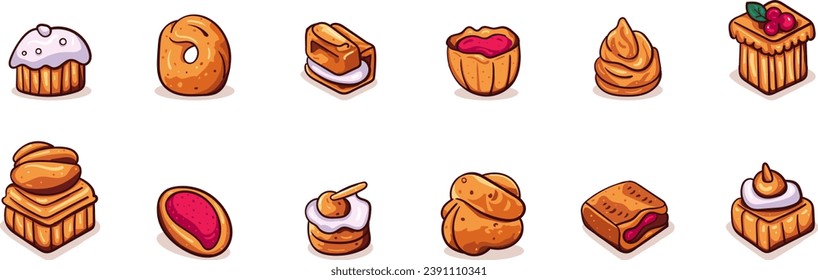 Set of sweet cakes, vector illustration. Dessert food symbol. Bakery design elements, logos, badges, labels, icons and objects.