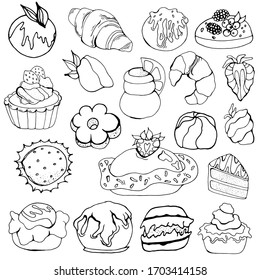 Está decorado con pasteles dulces, vectorial ilustración aislada con pasteles para el cumpleaños, diseño del menú de cafés y restaurantes. Diseño con croissants, dulces, fresas, bayas, galletas, fruta.