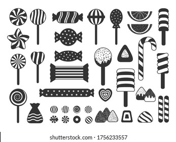 Set of sweet candies icons silhouette. Jelly, candy cane assortment, lollipop, dragee, heart candy, marshmallow. Template great for design poster children holiday, banner. Isolated vector illustration