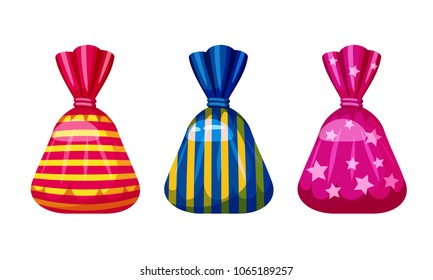 A set of sweet candies in a package of different colors, vector. Illustration of cartoon style, isolated