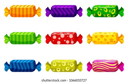 A set of sweet candies in a package of different colors, vector. Illustration of cartoon style, isolated