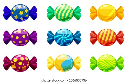 A set of sweet candies in a package of different colors, vector. Illustration of cartoon style, isolated