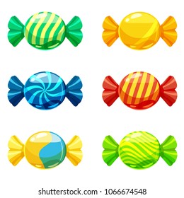A set of sweet candies in a package of different colors, vector. Illustration of cartoon style, isolated