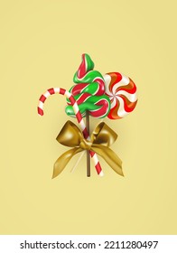 Set of sweet candies tied with golden satin ribbon with bow. Christmas or New Year 3D background. Realistic vector illustration