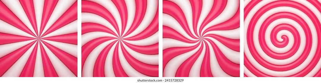 Set of sweet candy spiral lollipops backgrounds. Sweet rotating striped swirl candy. Pink sunburst background. Christmas sweet texture. Vector illustration