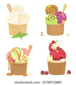 Set of sweet caramel, chocolate, strawberry and vanilla ice cream balls in paper cup. Cartoon cold summer dessert icon illustration.